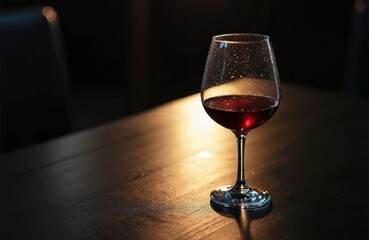 Naklejka premium Glass of deep red wine sits on dark wooden table. Soft moody light illuminates droplets on glass. Elegant beverage setting creates atmosphere for relaxation or celebration.