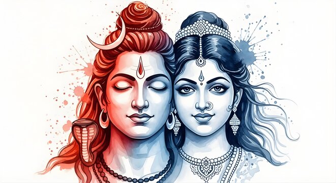 Lord Shiva and Parvati watercolor illustration, Hindu deities, spiritual art.
