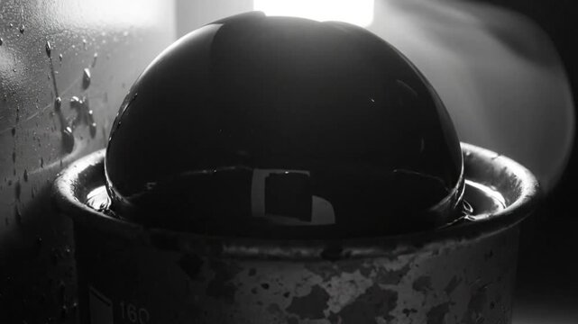Black and white close up of a dark liquid forming a large bubble in a metal beaker with steam