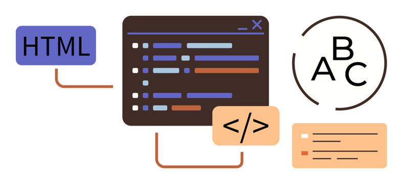 Web development, coding education, programming, front-end design, application building, software engineering. Central code editor interface with HTML tag, CSS snippet and type elements. Web