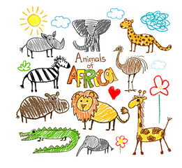 Fototapeta premium Cartoon Set of African animals for children's drawings. Hand drawn. Not AI, vector illustration.