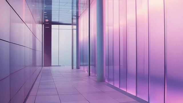 Contemporary architectural corridor featuring abstract glowing panels and sleek lines, creating a sense of future innovation, interior design, and empty space in a minimalist setting