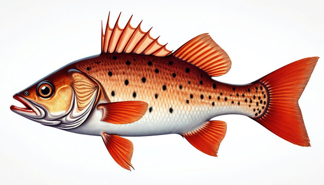 Red drum fish illustration, aquatic wildlife species with distinctive spots. Orange fins and tail visible. Marine creature graphic isolated on white background, clear side view.