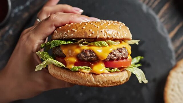 Delicious cheeseburger with melted cheese, lettuce, and tomato held in hand, ready to eat