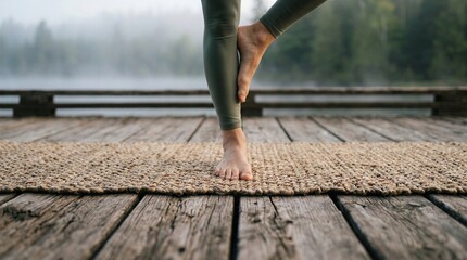 Fototapeta premium Close-up of a person practicing yoga tree pose on a natural woven mat at a wooden pier by a misty lake at dawn, focusing on balance, mindfulness, and healthy lifestyle in a calm nature.
