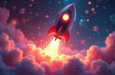 Fototapeta premium Retro rocket blasts off through colorful clouds and stardust. Space exploration, fantasy journey, or new beginning concept. Bold illustration of futuristic travel.