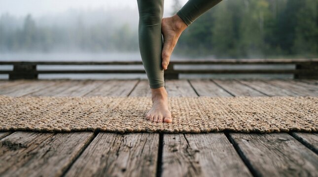 Close-up of a person practicing yoga tree pose on a natural woven mat at a wooden pier by a misty lake at dawn, focusing on balance, mindfulness, and healthy lifestyle in a calm nature.