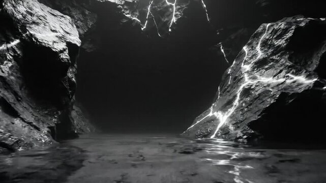 Mysterious cavern interior with water and glowing streaks of energy, an eerie and dark atmosphere