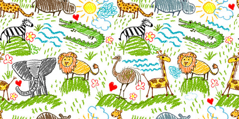 Fototapeta premium Seamless pattern children's drawings of African animals. Hand drawn. Not AI, vector illustration.