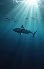 Fototapeta premium Large bluefin tuna swims in deep blue ocean water. Sunlight rays shine from above. Small fish school swims nearby. Predator hunts in deep sea.