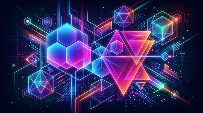 Dark vibrant neon geometric background with glowing colorful gradient hexagons and lines.