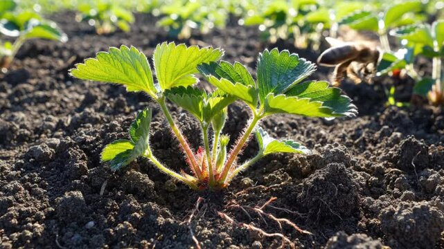 Close-up of a Young Strawberry Plant in Soil with a Bee Buzzing Around in a Sunny Garden Environment