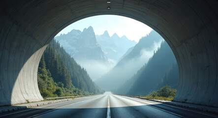 Fototapeta premium View from tunnel exit onto road leading through mountain valley with pine forest. Misty atmosphere softens jagged peaks against a clear sky. Journey ahead into nature.