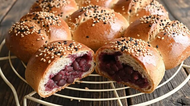 Delicious Japanese Red Bean Buns with Sesame Seeds Freshly Baked on Cooling Rack Closeup