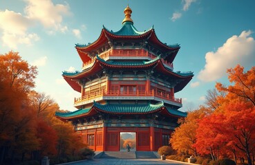 Fototapeta premium Multi level ancient chinese pagoda building with red walls and teal roof tiles. Autumn trees with orange leaves surround the structure. Clear blue sky with white clouds above.