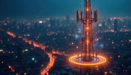 Fototapeta premium Futuristic cell tower transmits data signals over city at night. Advanced telecom infrastructure provides wireless communication network. Future tech connects urban area with 5g speed.