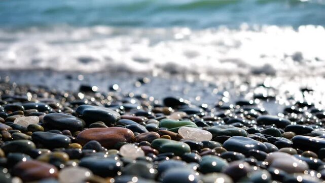 Waves gently washing over smooth colorful pebbles on a peaceful beach, serene coastal scene.