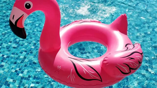 Bright Pink Flamingo Pool Float in Sparkling Blue Water with Tropical Greenery Creating a Summertime Scene