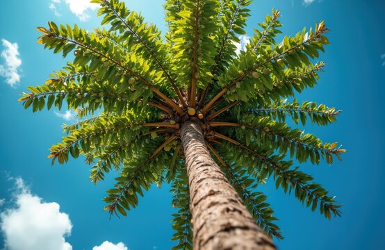 Genipa americana tree with unripe green fruits. Looking up at branches and trunk against bright blue sky. Selective focus on foliage and natural round produce.