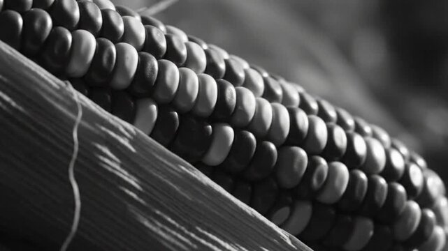 Close-up monochrome view of a beautifully patterned cob of flint corn showing kernels