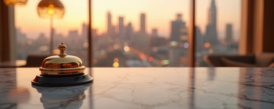 Golden hotel bell sits on marble counter. Blurred cityscape visible through window at dusk. Warm light reflects on polished surface. Concierge desk service awaits guests.