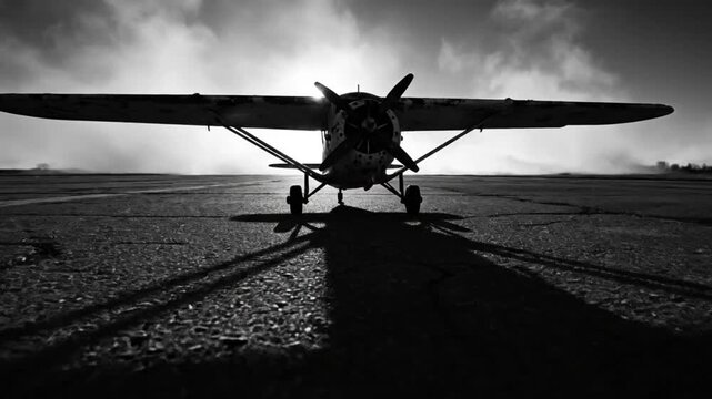 Black and white shot of vintage airplane silhouetted on runway against a bright sun and sky