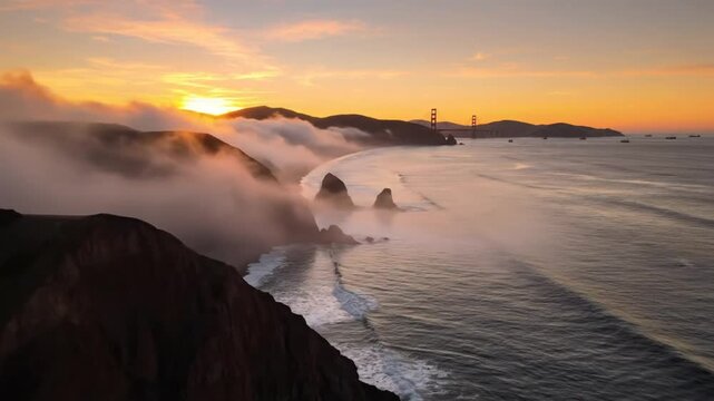 Coastal view of a breathtaking sunset over the Pacific Ocean with the Golden Gate Bridge and rolling fog
