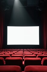 Fototapeta premium Empty movie theater with rows of red seats and a blank white screen. A spotlight shines from above onto the screen. This scene is perfect for mockups presentation or event announcements.