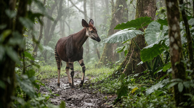 Okapi Tracks and the Animal Emerging in Rain Forest Mud