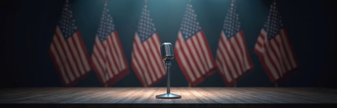 Retro microphone stands on wooden stage with American flags behind. Single spotlight shines on mic. This image suggests patriotic speech, political event or public address. It implies formal occasion.