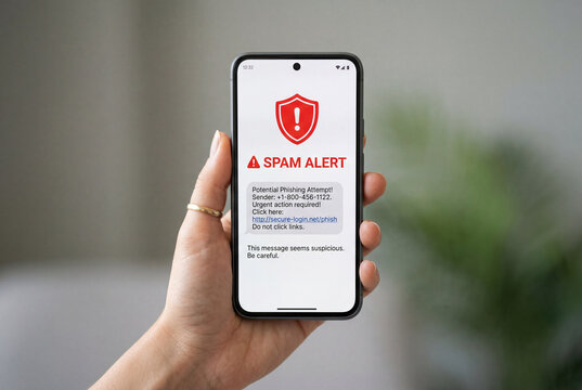 Hand holding smartphone displaying red spam alert warning screen