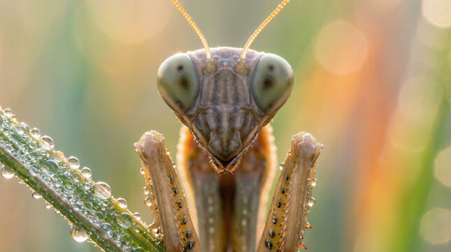 Praying Mantis Face Macro with Dew Beads