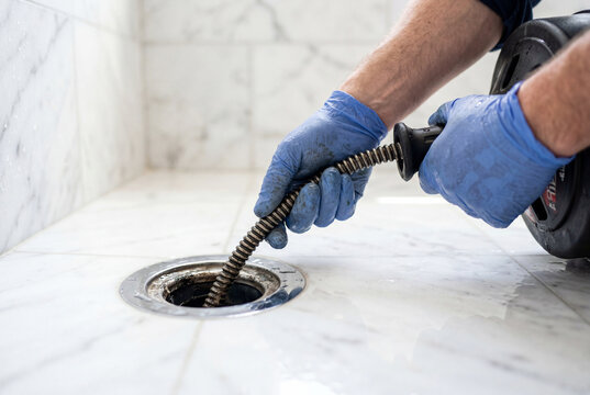 Plumber wearing blue gloves using a professional snake tool to unclog a white marble shower drain