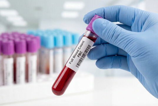 Lab professional holding full blood count FBC test tube with blue glove