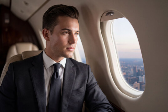Confident businessman traveling by private jet looking out the window