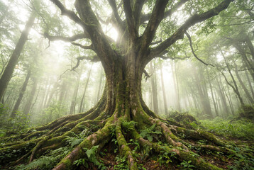 Fototapeta premium Majestic ancient tree with moss covered roots in a pristine ethereal forest