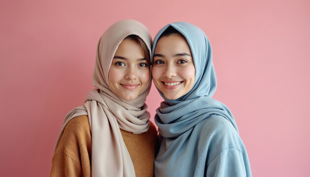 Two young Muslim women smile wearing hijabs and cozy sweaters. They stand together against a soft pink background in neutral tones. Their style shows modern diversity and personal expression.
