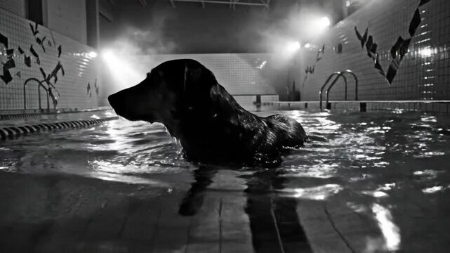 Black and white shot of a dog swimming in an indoor pool with dramatic lighting and steam