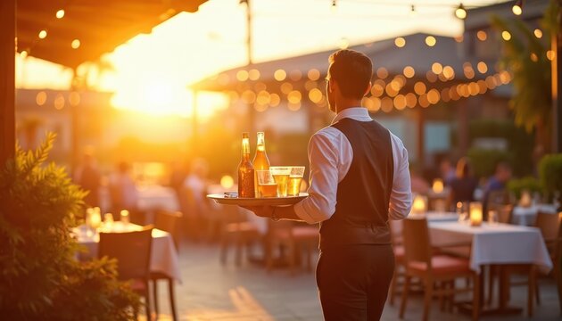 Waiter brings beer to outdoor restaurant tables at sunset. People dine on patio with string lights ambiance. Evening meal service with golden hour lighting.