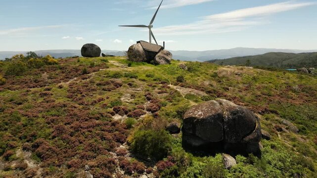 Aerial View of Peneda Geres Mountains Landscape with Wind Turbine Portugal 02