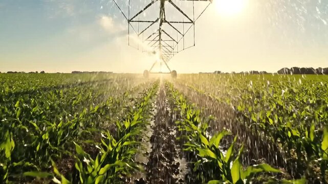 Farm irrigation system watering young corn plants in a lush green field at sunset