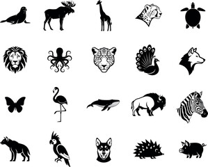 Fototapeta premium Diverse collection of stylized black and white animal icons Vector