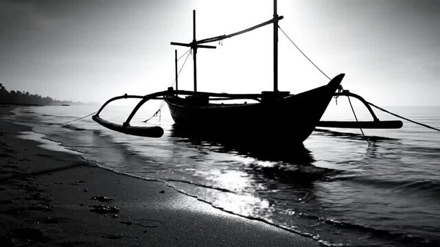 Black and white shot of a traditional outrigger boat moored at the shoreline with gentle waves in the early morning light