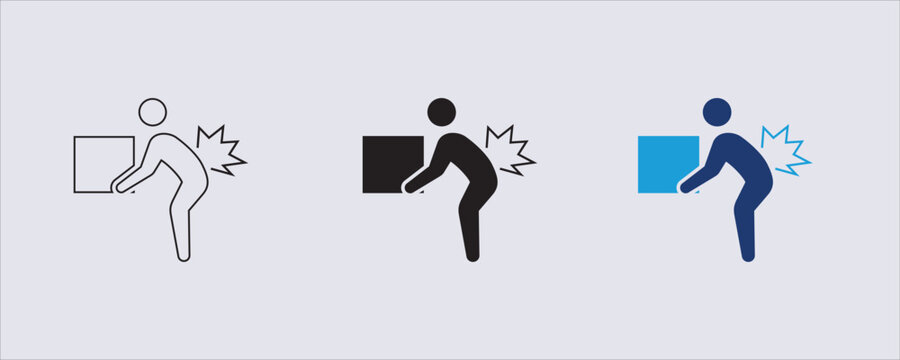 A pictogram representing back pain or injury caused by lifting a heavy object, commonly used in workplace safety signage to warn against manual handling hazards and encourage ergonomic practices. 