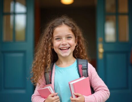 Happy young girl with curly hair holds pink books near school entrance. She wears a backpack ready for her first day. Girl smiles brightly for her new class.