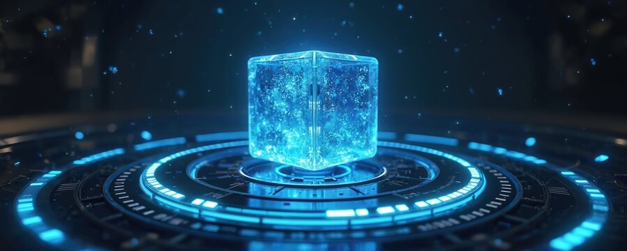 Glowing blue crystal cube hovers over futuristic circular platform with neon lights. Dark background with small glowing particles floating around. Advanced tech and digital art.