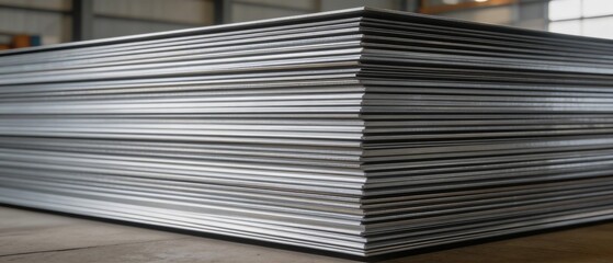 Naklejka premium Stack of heavy metal sheets in an industrial warehouse, steel or aluminum building panels, metallurgy manufacturing, export and import logistics background banner