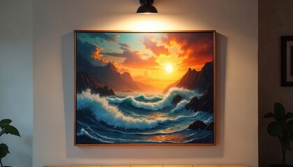 Fototapeta premium Framed painting shows ocean waves crashing near rocky shore at sunset. Warm light from fixture illuminates artwork on wall, creating serene ambiance. Dramatic seascape depicts power of nature.