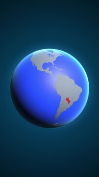 The animation shows a graphic representation of the earth and highlights the location and map of Paraguay colored red in vertical format.