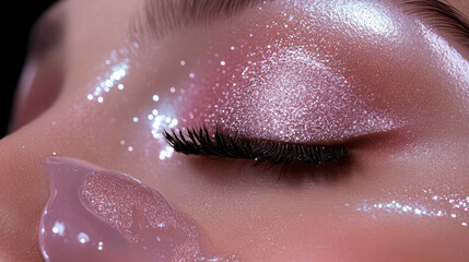 Fototapeta premium Woman's closed eye showcasing an enchanting glitter makeup look, featuring long dark eyelashes and iridescent shimmer on the eyelid, creating a glamorous and expressive beauty statement